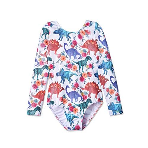 HOZIY Gymnastics Leotards for Girls Unicorn Pink Purple Sparkly Dancewear Activewear Quick Dry 7-8 Years Long Sleeve-dinosaur 2