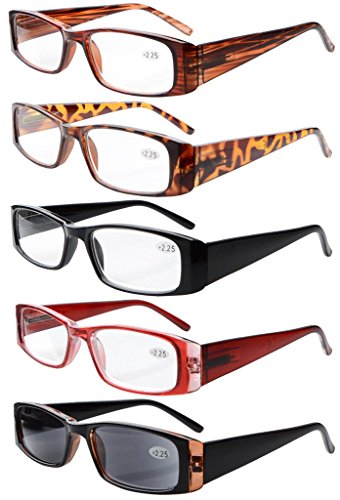 Review Eyekepper 5-Pack Spring Hinges Rectangular Reading Glasses Sunshine Readers +1.5