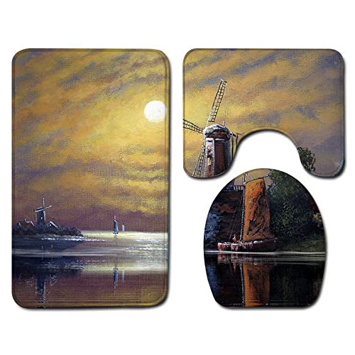 Badvorleger Set,Badematten Teppich-Set 3-Teilig Bemalte Meer Sonnenuntergang 3D-Druck Rutschfeste Badematten Weiche…