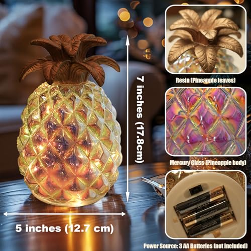 Image of Iridescent Glass Pineapple Light - Battery-Powered LED Lamp with Steady & Twinkling Modes, 6-Hour Timer - Ideal for Tropical Decor & Gifts