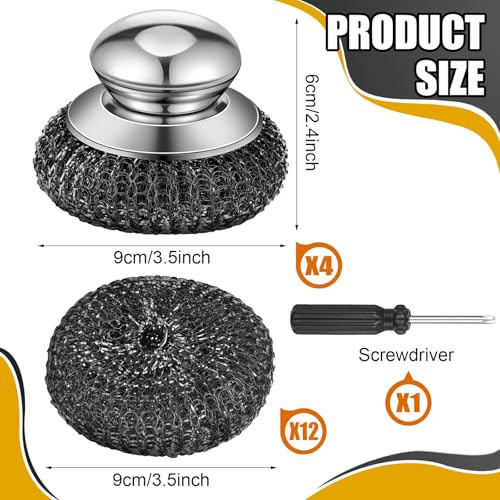 Image of 4 Pcs Stainless Steel Wool Scrubbers with Handle 12 Replacement Metal Cast Iron Scrubber Brush for Cleaning Dishes Kitchen Pots Pan Sink
