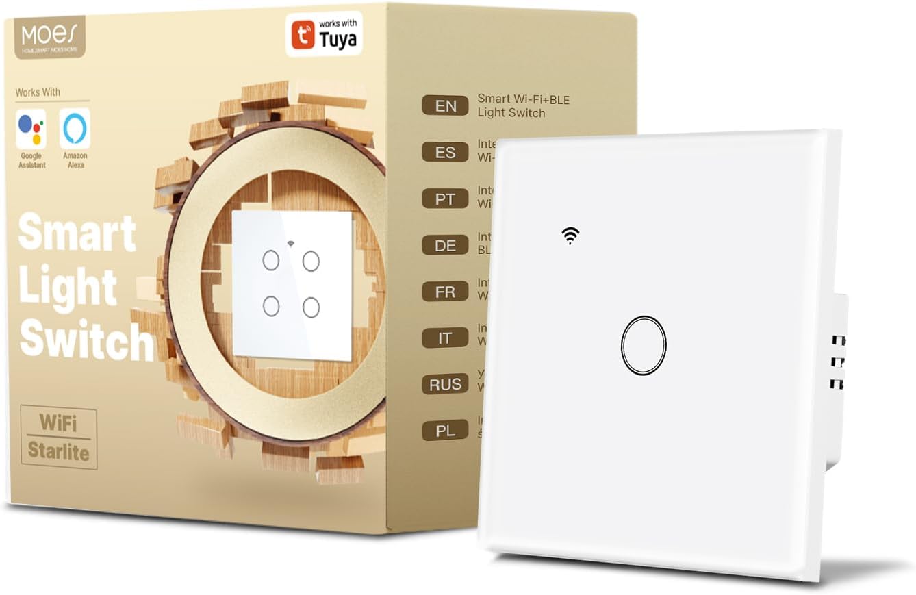 MOES Tuya WiFi Smart Touch Switch - Sleek Glass Panel, Works with Alexa & Google Home, Neutral/No Neutral Wire Installation (Capacitor Included) - 1 Gang