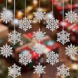 28 Stück Schneeflocken Weihnachten Deko, Weihnachtsdeko Weiß, Schneeflocken Deko Set, Christbaumschmuck Weiß mit Verschiedenen Designs, Baumschmuck Weihnachten, Inklusive 10 Meter Silberband