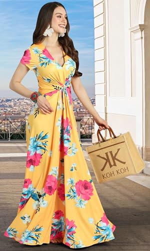 Image of KOH KOH Womens Long Flowy Cap Sleeve Empire Waist Cocktail Maxi Dress Gown