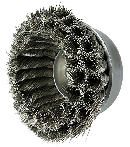 Image of Weiler 12726 4 inch Double Row Knot Wire Cup Brush, 0.020 inch Stainless Steel Fill, 5 /8 inch-11 UNC Nut, Made in the USA