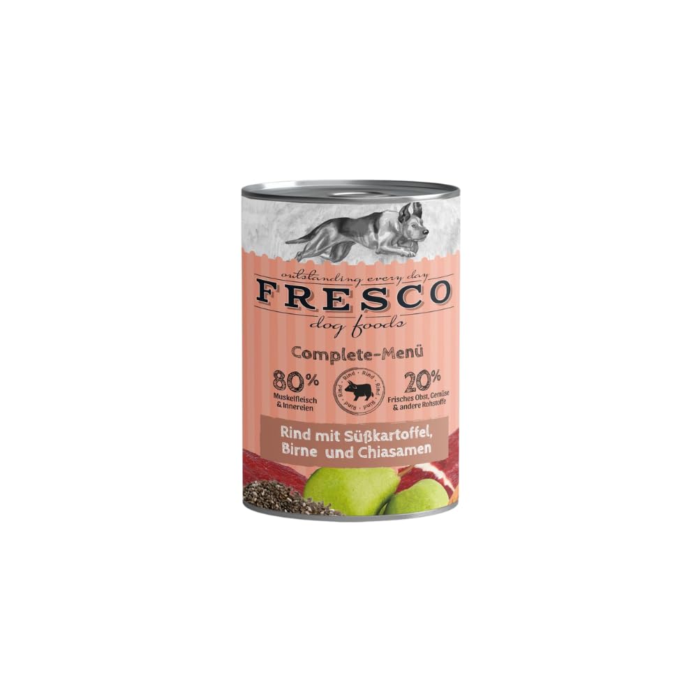 Fresco Complete-Menü Rind mit Süßkartoffeln, Birne & Chiasamen | 12er Pack | 12 x 400 g | Nassbarf für Hunde | Wichtige Proteine & Eiweiß | Aus reinem Muskelfleisch