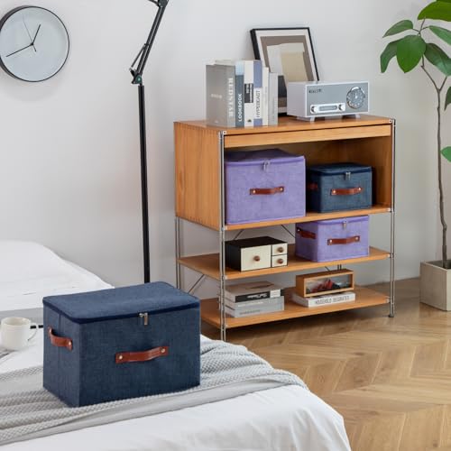 Image of Storage Bin Box with Zippered Lid Cotton Linen Fabric Decorative Basket PU Leather Handles PP Plastic Board Foldable Lidded Clothing Shelf Closet Organizer Container (Denim Blue, Large)
