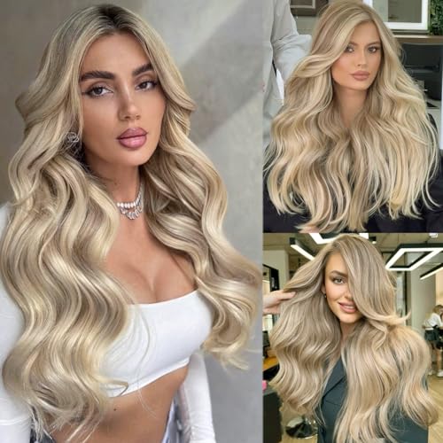 Image of Light Blonde Highlight Lace Front Wig Human Hair 13x6 HD Lace Frontal Wigs Pre Plucked Ash Blonde with White Platinum Highlights Brazilian Virgin Human Hair Wig for White Women with Brown Roots 16 inch