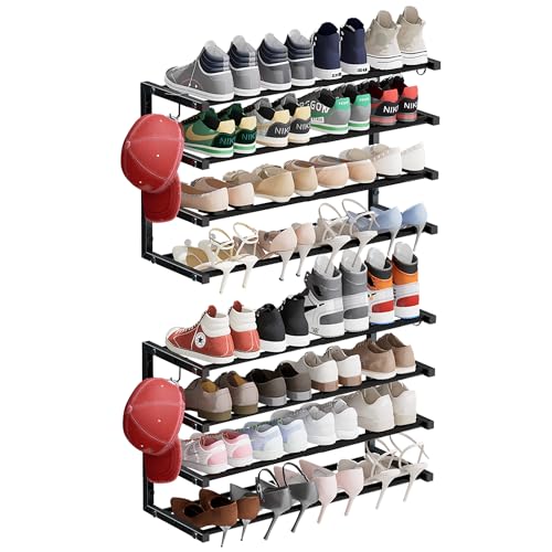 2 Pack Wall Mounted Shoe Rack, 4 Tier Hanging Shoe Rack Holds 32 Pairs, 17'-30'Adjustable Heavy Duty Wall Shoe Shelf with 4 Storage Hooks, Space Saving for Closet Entryway, Black, Patent Pending