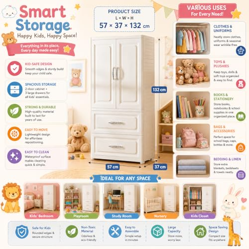 Image of Mevigo Door Plastic Wardrobe for Kids| Almirah and Wardrobe for Baby Clothes| Modular Storage Cabinet with Wheel Organizer for Cupboard Rack for Clothes /Shoes /Books /Toy (White-MS16930, 4- Layer)