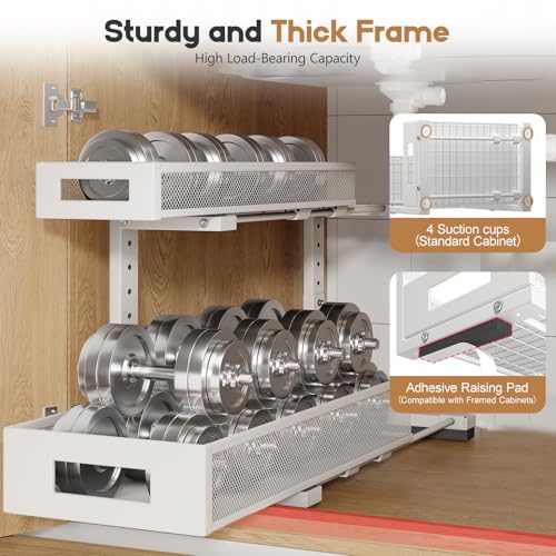 Image of 2 Pack 19IN Depth Under Sink Storage Organizer, Large 2-Tier Elegant Mesh Pull Out Shelf for Kitchen and Bathroom Cabinet Organization, L-Shaped and Adjustable Height Design-White