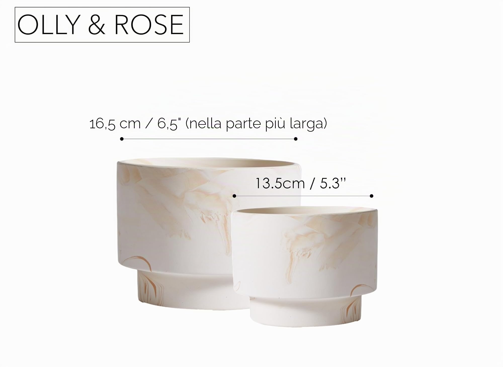 Olly & Rose Set di vasi per piante in ceramica bianca con strisce beige, 2-16,5, 13,5 cm, vasi medi per esterni e interni, fioriere bianche, vasi da fiori