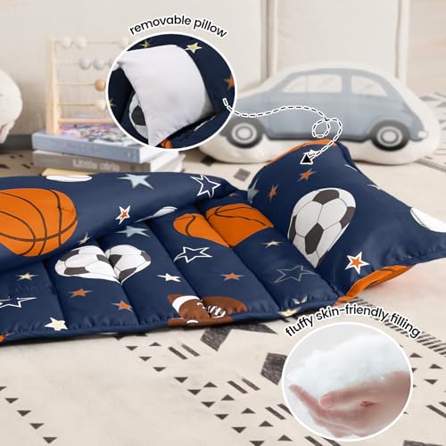 Image of PHF Soft Toddler Nap Mat with Removable Pillow, Rollup Design Kids Sleeping Mat, Slumber Bags for Boys, 55 inchx23 inch Toddler Sleeping Bag for Daycare Preschool Travel Camping, Ball