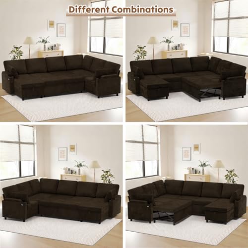 Image of 110 inch Chenille Sectional Sofa w /Pull Out Bed & Storage Chaise, Brown | Reversible U Shape Sofa w /Storage Armrests & Cup Holders, Corner Couch w /USB Charging Port & Throw Pillows for Living Room