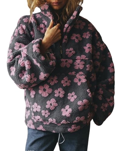 Image of Women Floral Sherpa Fleece Sweatshirt Oversized Half Zip Long Sleeve Fuzzy Jacket Hoodies Pullover with Pocket Pink