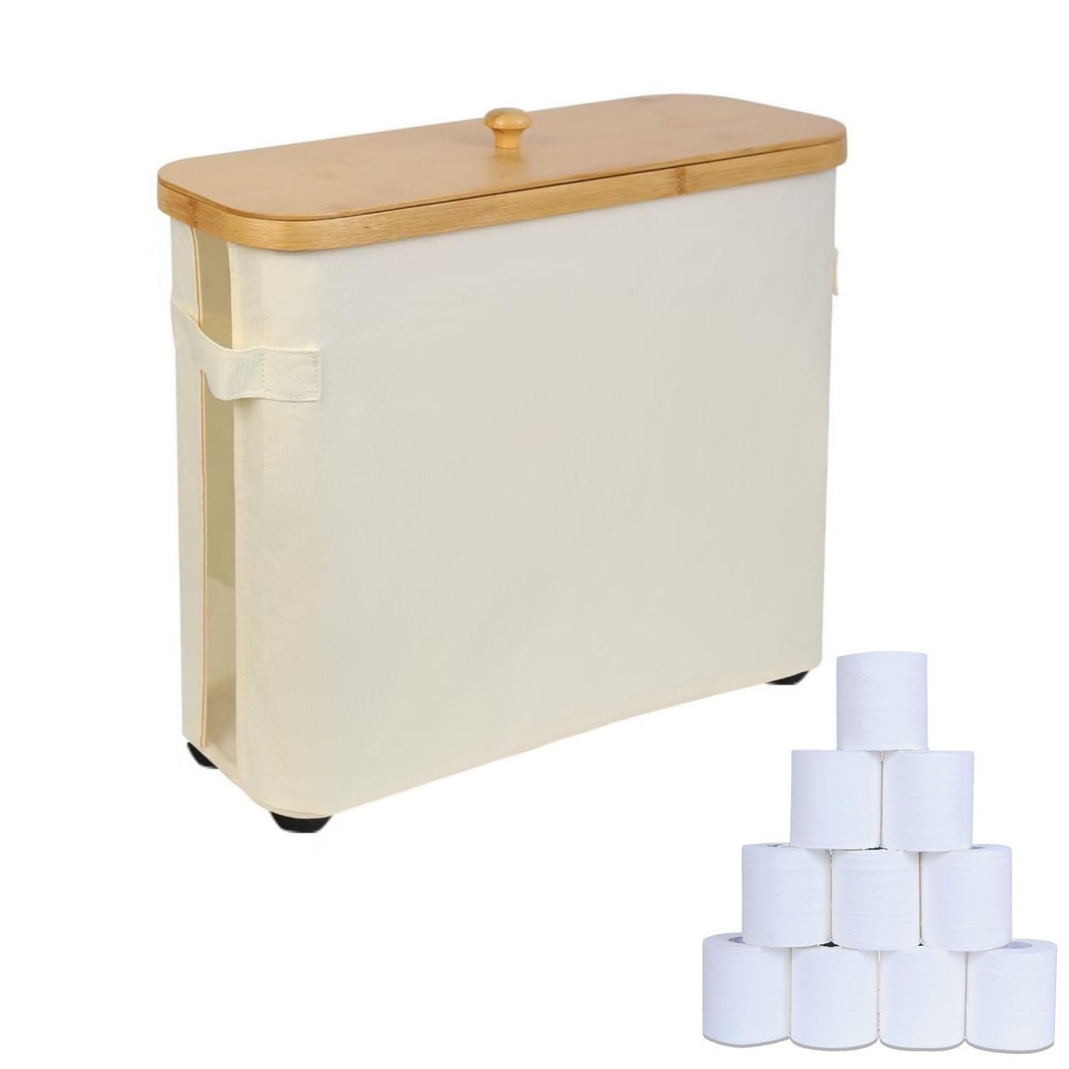 Toilet Paper Storage Basket, Toilet Paper Organizer with Bamboo Lid Handle for Bathroom, Free Standing Toilet Paper Holder Tissue Bin with Visualisation Window (Beige)