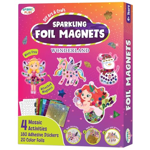 Image of SparkLPlay DIY Craft Kit for Kids - Unicorn Theme Foil Fun Coloring Set, 4 Fridge Magnet Cutouts & 20+ Color Foils. Mess Free. Gift for Kids Ages 4-9