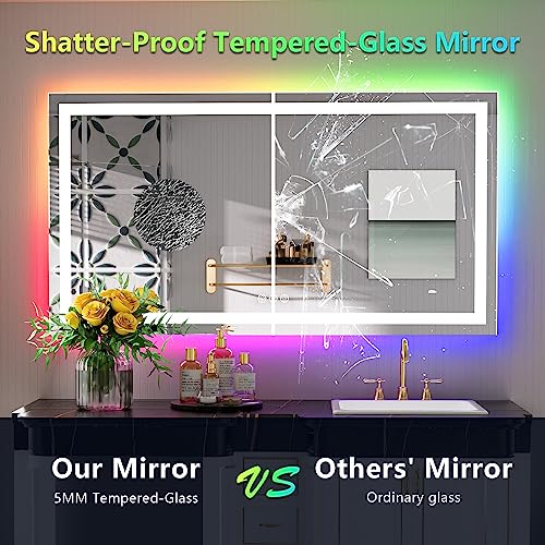 Image of 55x30 Inch RGB LED Bathroom Mirror Front Light and RGB Backlit Lighted Vanity Mirror for Bathroom Wall Mounted Dimmable Anti Fog Memory Shatter-Proof IP54 Waterproof Horizontal /Vertical