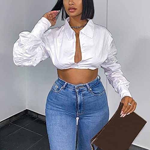 Azhong Women's Collared Puff Long Sleeve Deep V Neck Button Crop Top Blouse Shirt2