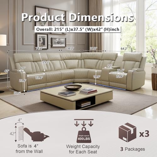 Image of Living Room Furniture Sets, Power Recliner Sectional Sofa with LED Light for Living Room, Leather Reclining Sectional Couches Set, Cup Holder, Storage Console for Home Theater Seating