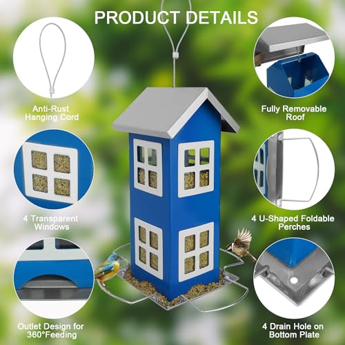 H Hugeleaf Hugeleaf Bird Feeders For Outdoors Hanging, Metal Bird Feeder With Removable Roof, Wild Bird House Feeders With 4 Ports thumb #2