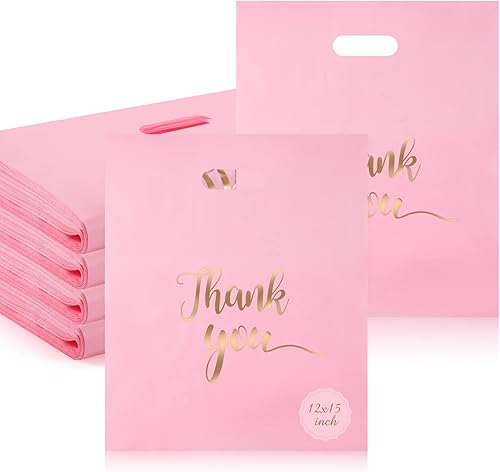 200 bolsas de plástico de agradecimiento para pequeñas empresas, bolsas de regalo rosas con asas, bolsas de mercancía con logotipo dorado de