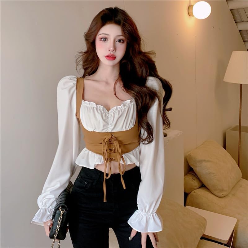 Image of ICW Women French Style Retro Vintage Lace-Up Layered Fake Two-Piece Puff Sleeve Ruffled Crop Blouse Corset Top Dn88