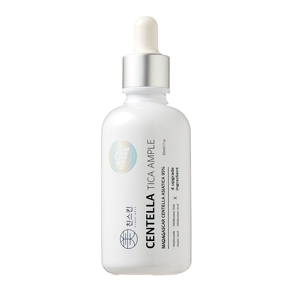 CRAZY SKIN Centella Tica Ampoule Serum 3.4 fl. oz. (100ml) - Natural Ingredients for Damaged, Troubled & Sensitive Skin, Redness Relief, Madecassic Acid Facial Serum Made in Korea