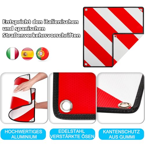 Sorlpv 3 In 1 Warntafel für Italien Spanien Portugal, Alu Reflektierend Warnschild 50x50CM mit Spannseile & Eckenschützer, Zertifizierte für Fahrradträger Heckträger Anhänger Auto Wohnmobil - 1 Stück
