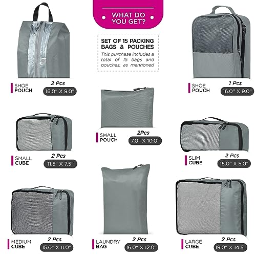 FATMUG Polyester Packing Cubes Travel Bag Organiser Set Of 15(2L,2M, 2S, 2Slim, 3 Shoe & 4 Laundry Pouch)-Grey 2