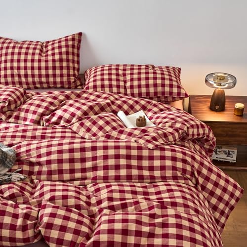Image of EAVD Vintage Style Red Gingham Duvet Cover King Soft 100% Washed Cotton 3-Piece Reversible Plaid Checkered Bedding Set with 2 Pillowcases Farmhouse Buffalo Plaid Duvet Cover with Zipper Closure