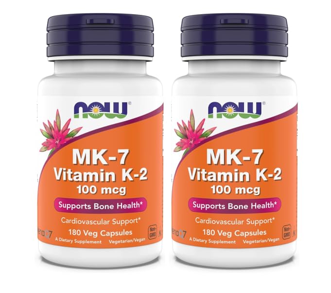Now Supplements, MK-7 Vitamin K-2 100 mcg, Cardiovascular Support*, Supports Bone Health*, 180 Veg Capsules (180 Count Pack of 2) 180 Count (Pack of 2)