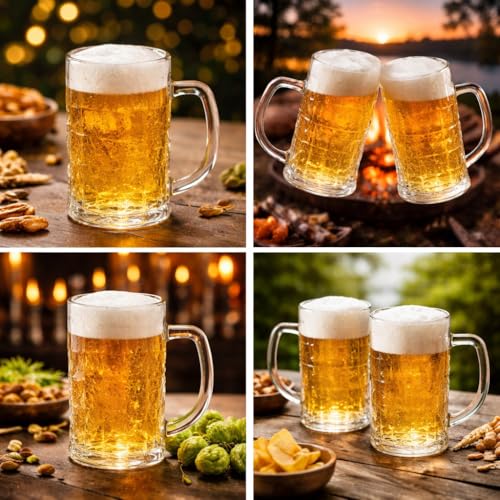 Image of PrimeWorld 480 ml Thailand Beer Mug Set of 2 | Heavy Glass Beer Steins with Handle | Sturdy Base, Freezer-Friendly Beer Glasses for Home Bar, BBQ & Parties