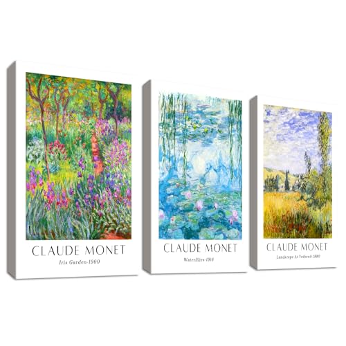 3Pcs Stampa su tela Con Cornice Claude Monet Ninfee Pittura Poster Botanico Impressionista Vintage Quadri su tela Quadri Moderni Soggiorno Camera da Letto Corridoio Decorazioni Murale 30x40cm x3
