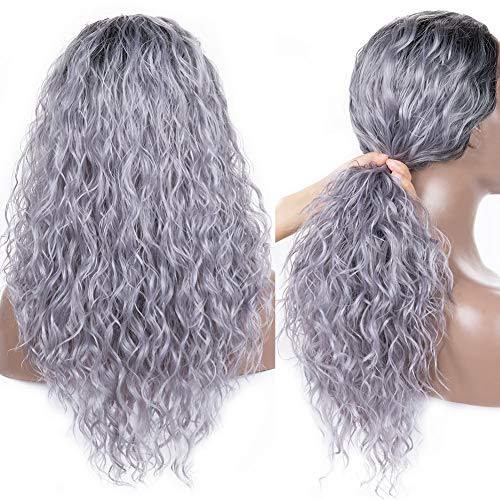 Armmu 24 Inches Long Ombre Grey Lace Front Wigs for Women 100% Synthetic Hair Full Water Wave Two Tone Black Root (OTGREY)