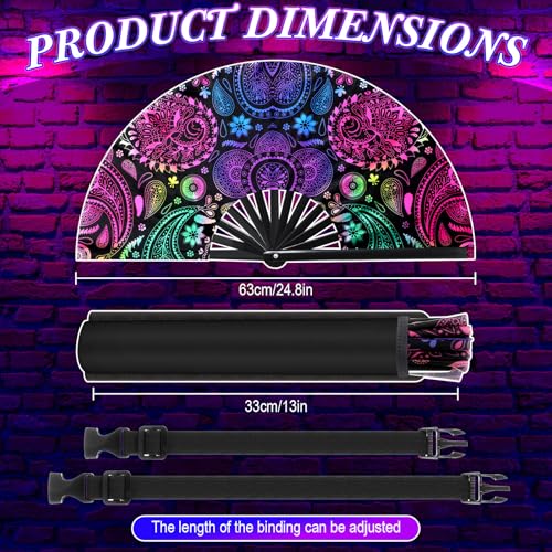 Image of FairySandy Large Rave Fan UV Glow Clack Summer Hand Fan with Thigh Holster for Women Carnival Party Supplies for Carnival Edm Music Festival Club Accessories(Paisley,Purple)
