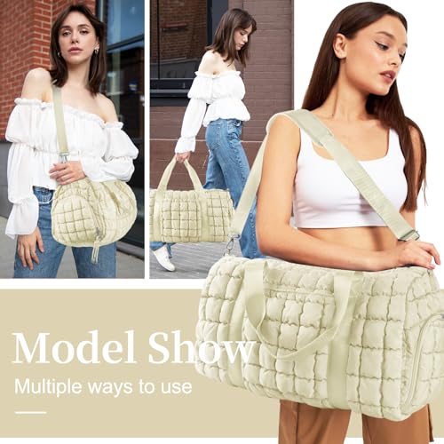 Image of Quilted Travel Duffle Bag Gym Bag for Women,Large Puffer Duffle Weekender Bag with Compartment,Workout Overnight Carry on Organizer Bag Duffle Bag for Airplane Travel(L-Off-white)