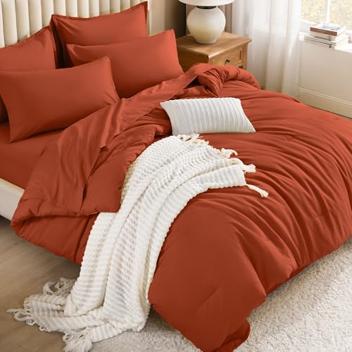 Image of Litanika Burnt Orange Comforter King Size Set - 7 Pieces Terracotta Bed in a Bag King Bedding Comforter Sets, Plain Lightweight Bed Set with Comforter, Sheets, Pillowcases & Shams