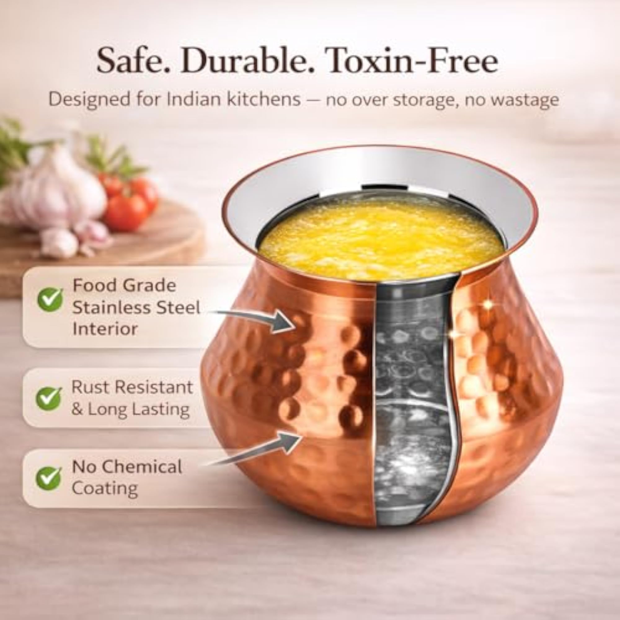 Copper Finish Ghee Pot with Lid, 350ml