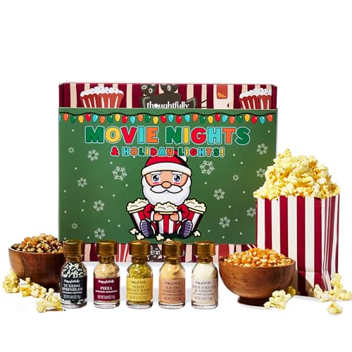 Image of Thoughtfully Movie Night Popcorn Set with Christmas Holiday Band, Includes Yellow & Mixed Popcorn Kernels, 10 Popcorn Bags, 5 Gourmet Seasonings & Toppings, Family Movie Night Gift Basket