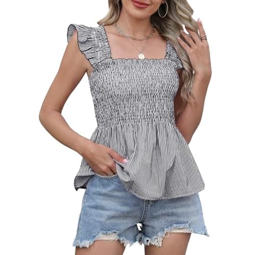 LOMON Womens Tank Tops Fashion Summer Ruffle Flying Sleeve Smocked Blouses Square Neck Sleeveless Shirts Babydoll Shirt Black White Stripe Medium