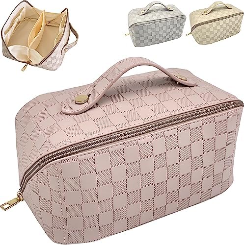 JAZD Large Capacity Travel Cosmetic Bag - Makeup Bag Opens Flat for Easy Access - Leather Waterproof Portable Cosmetics Bag with Handle, Divider - Toiletry Make up Organizer Bag… (CHECKERED PINK)