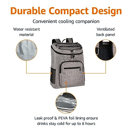 Image of Amazon Basics Insulated Cooler Backpack for Camping and Hiking, Portable Soft Sided Cooler with 30 Can Capacity, Leak-Proof, Water-Resistant, Gray