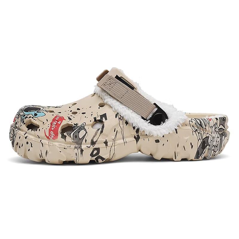 Image of Men's Printed Fuzzy Lined Clogs Winter Slip On Shoes | Warm Plush Lined Clog Shoes with Graphic Design, Lightweight Closed Toe Casual Footwear for Indoor Outdoor Wear