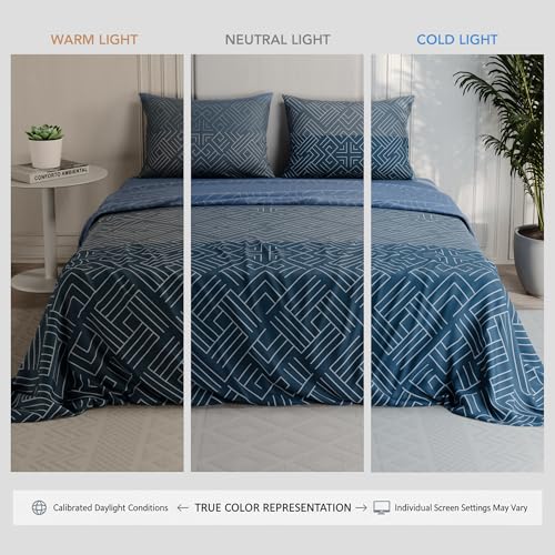 Image of BLISSHOME Everlast 150TC King Size Printed Bedsheet with 2 Pillow Covers for Double Bed, Aesthetic Bedding, Wrinkle Resistant, 100+ Wash Durable, Quick Dry, Geometric Pattern - Teal (228cm x 274cm)