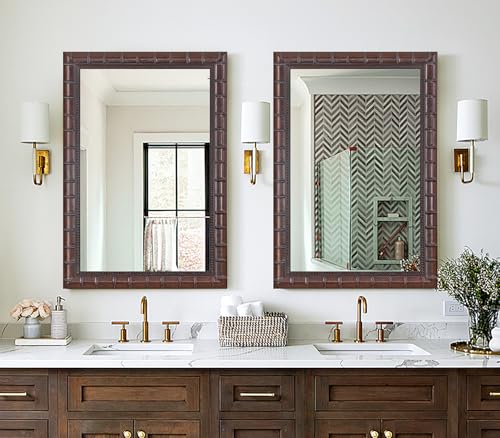 Image of Vintage Bronze Mirror, 39'' x 27'' Solid Wood Mirror Frame with Bamboo-Joint Design, Decorative Wall Mirrors for Living Room, Bathroom, Bedroom, Entryway, Fireplace, Horizontal /Vertical