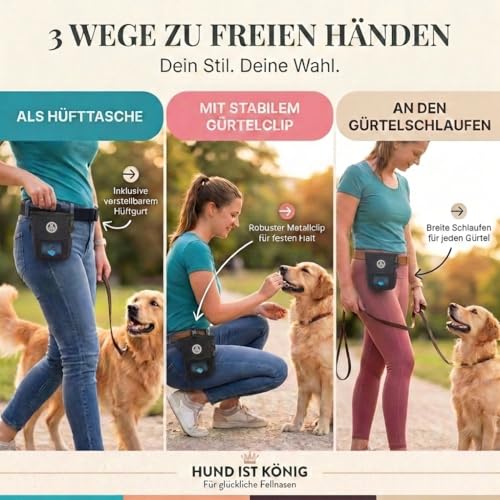 HUND IST KÖNIG Leckerlibeutel für Hunde-Training - Robuster Futterbeutel Hunde, kompakt & funktional - Futterbeutel Hundetraining für schnelles belohnen - mit Kotbeutelspender & Trainings-Ebook
