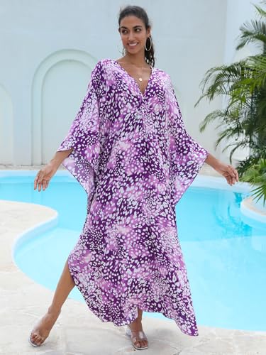 Image of IMAGEKOPE Women's Plus Size Animal Print V-Neck Batwing Kaftan Beach Dress Bathing Suit Cover-Up Loungewear