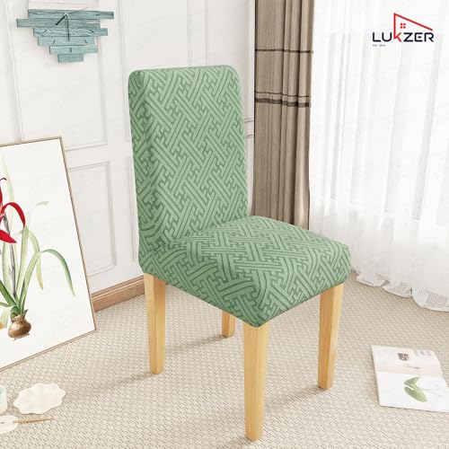 Image of Lukzer Elastic Dining Chair Cover - 4PC Pastel Green Grid Maze | Textured High Stretch Jacquard Seat Cover | Removable Washable Short Dining Chair Cover Protector Seat Slipcover | (CC-107-04)