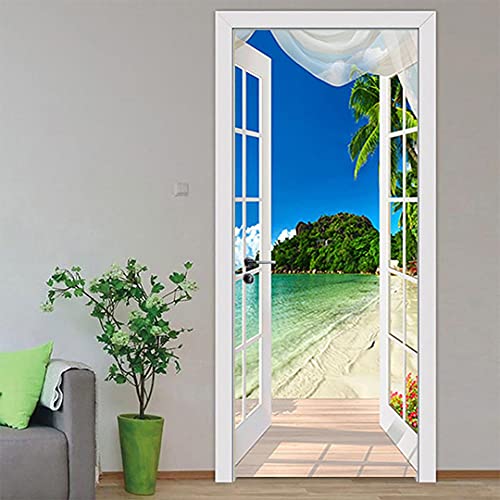 Chezmax 3D Natural Scenery Landscape Door Sticker Self-Adhesive Wallpaper Waterproof Removable Door Mural Decal For Room Bedroom Wardrobe Home Office Decoration 35.4" W X 78.7" H (Window Seaside) #TOP2